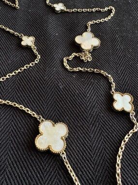 Inspired Goldish Chain with White Clover Motif Long Necklace